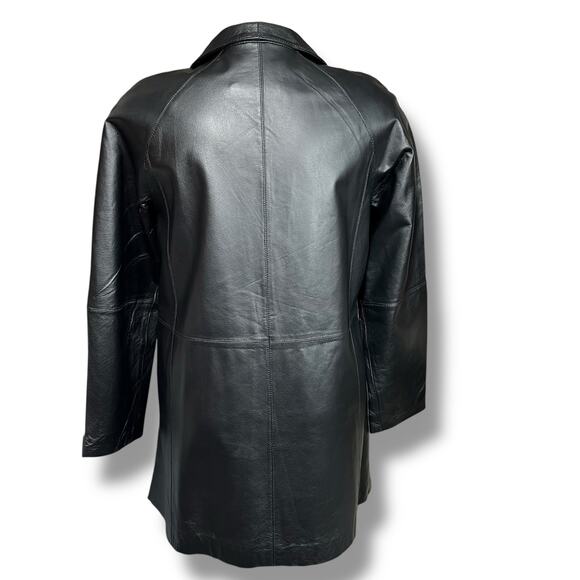 East 5th Womens Leather Jacket Long Coat Collared Button Closure Black Large - Picture 7 of 14